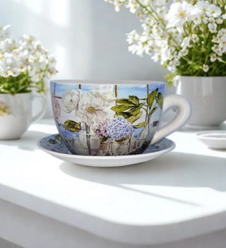 Ceramiczna doniczka filiżanka hortensja z podstawką (duża)