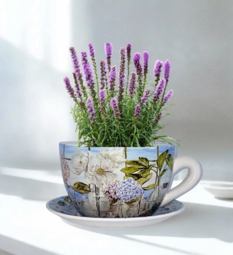 Ceramiczna doniczka filiżanka hortensja z podstawką (duża)