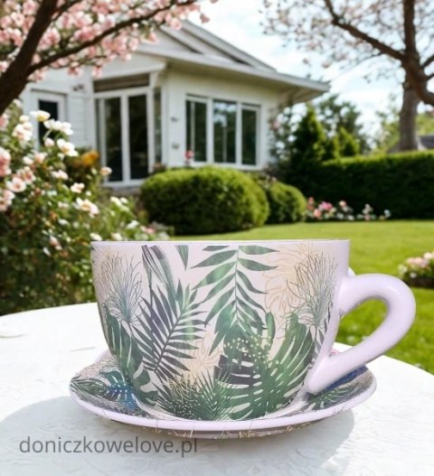 Ceramiczna doniczka filiżanka monstera z podstawką (duża)