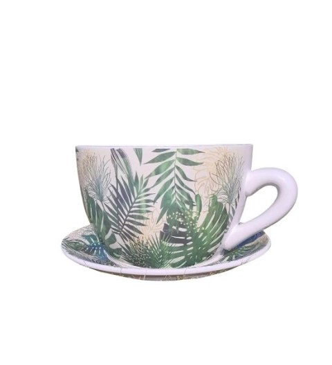 Ceramiczna doniczka filiżanka monstera z podstawką (duża)