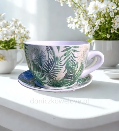 Ceramiczna doniczka filiżanka monstera z podstawką (duża)