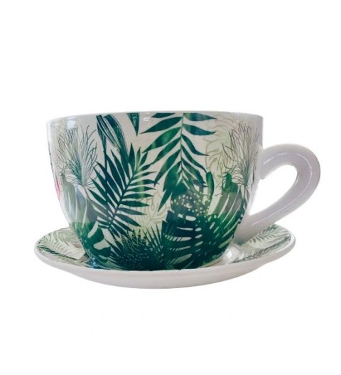 Ceramiczna doniczka filiżanka monstera z podstawką (duża)
