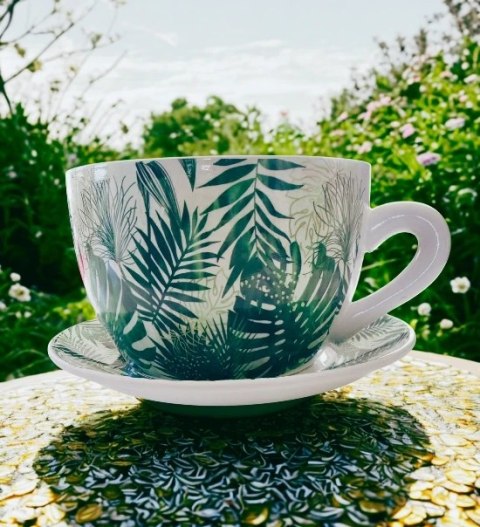 Ceramiczna doniczka filiżanka monstera z podstawką (mała)