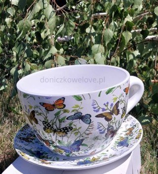 Ceramiczna doniczka filiżanka motyle z podstawką (duża)