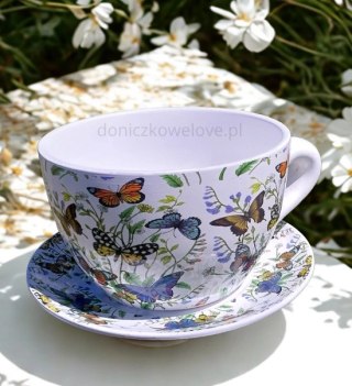 Ceramiczna doniczka filiżanka motyle z podstawką (duża)