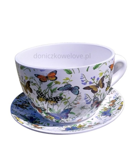 Ceramiczna doniczka filiżanka motyle z podstawką (duża)