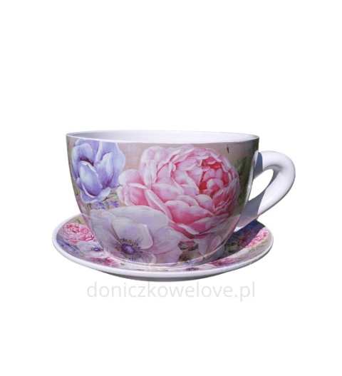 Ceramiczna doniczka filiżanka piwonia z podstawką (duża)