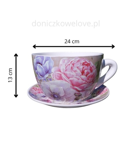 Ceramiczna doniczka filiżanka piwonia z podstawką (duża)
