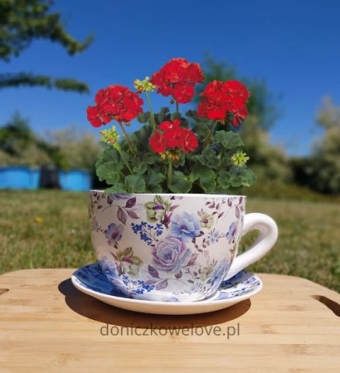 Ceramiczna doniczka filiżanka w róże z podstawką (duża)
