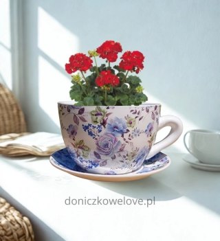 Ceramiczna doniczka filiżanka w róże z podstawką (duża)