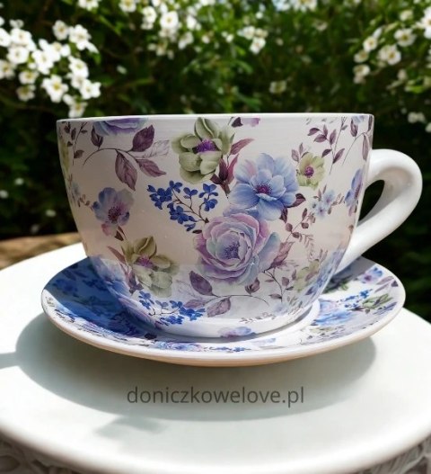 Ceramiczna doniczka filiżanka w róże z podstawką (duża)