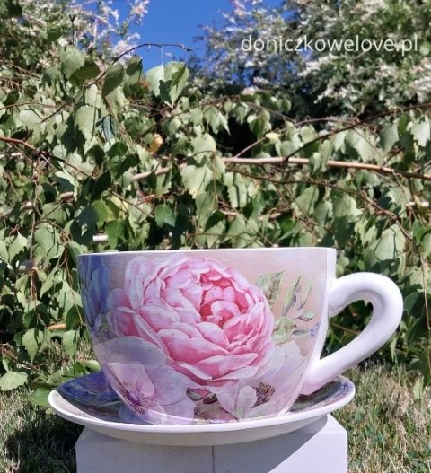Ceramiczna doniczka filiżanka z motywem kolorowych piwonii z podstawką (mała)