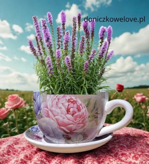 Ceramiczna doniczka filiżanka z motywem kolorowych piwonii z podstawką (mała)