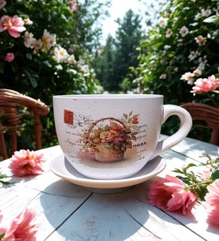 Ceramiczna doniczka filiżanka z motywem kwiatowym z podstawką (mała)