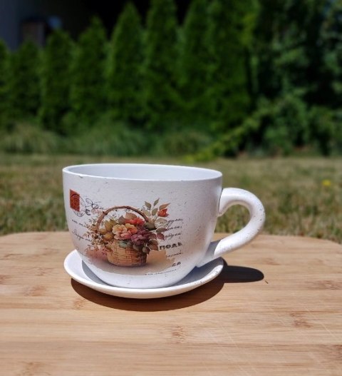 Ceramiczna doniczka filiżanka z motywem kwiatowym z podstawką (mała)