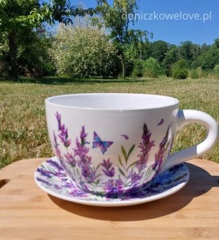 Ceramiczna doniczka filiżanka z podstawką lawenda z motylem (maxi)