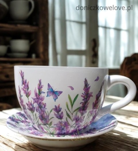 Ceramiczna doniczka filiżanka z podstawką lawenda z motylem (maxi)