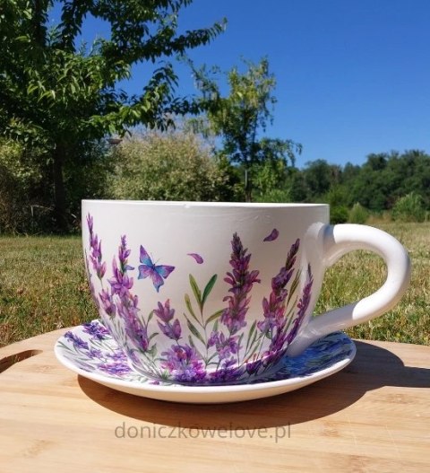 Ceramiczna doniczka filiżanka z podstawką lawenda z motylem (maxi)