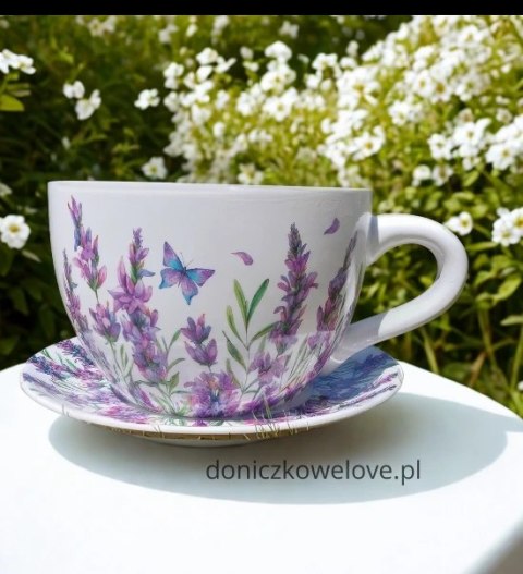Ceramiczna doniczka filiżanka z podstawką lawenda z motylem (maxi)