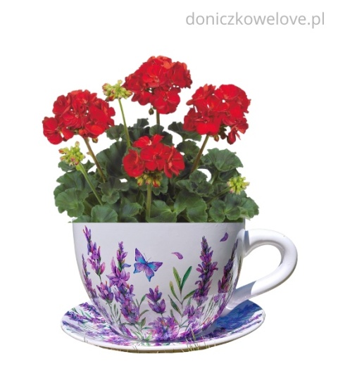 Ceramiczna doniczka filiżanka z podstawką lawenda z motylem (maxi)
