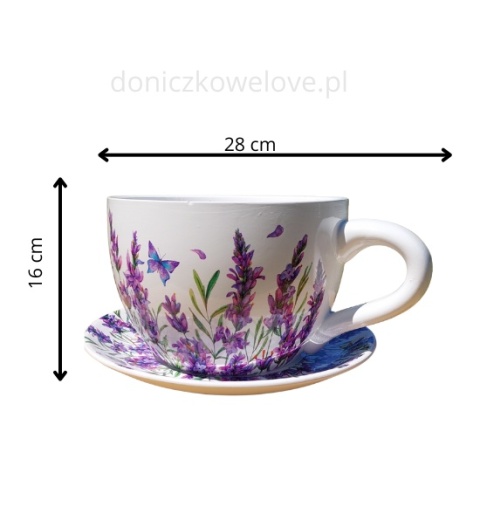 Ceramiczna doniczka filiżanka z podstawką lawenda z motylem (maxi)