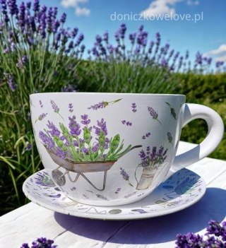 Ceramiczna doniczka filiżanka z podstawką lawenda z taczką (maxi)