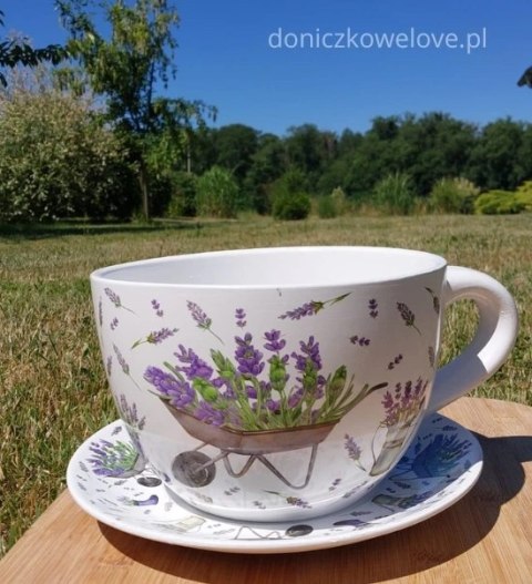 Ceramiczna doniczka filiżanka z podstawką lawenda z taczką (maxi)