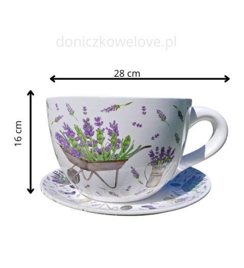 Ceramiczna doniczka filiżanka z podstawką lawenda z taczką (maxi)